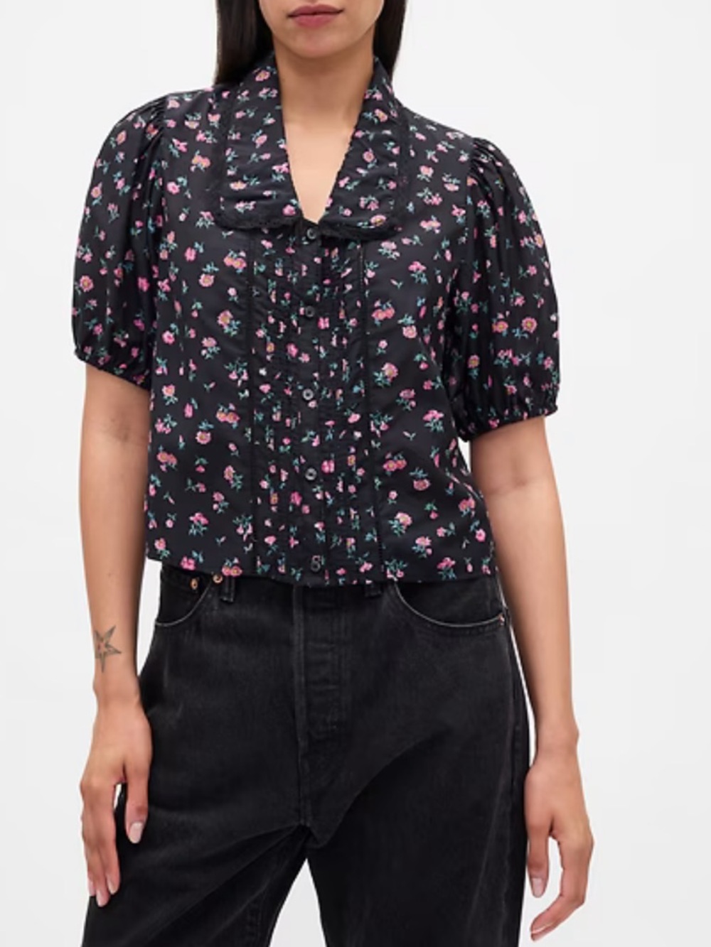 New GAP Black Rayon/Cotton Blouse with Pink & Teal Floral Design